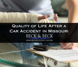 Car accident victim with arm in a cast signing legal documents related to her accident claim