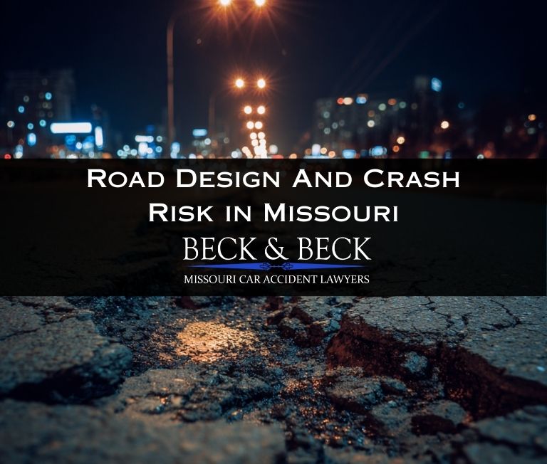 Damaged concrete on a road in Missouri illustrating the risks of road design and crash risk