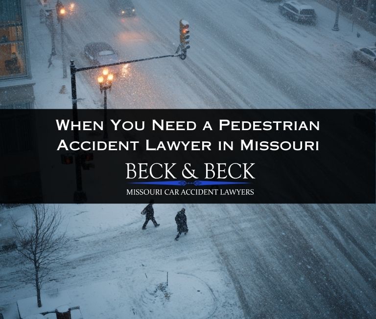 Pedestrians crossing a snowy street in Missouri illustrating the risk of being hit by a car