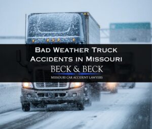 Close up of the front of a semi-truck driving in heavy snow and traffic on a highway in missouri illustrating the danger of bad weather accidents