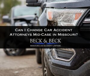 Close-up of a damaged car after a Missouri auto accident, illustrating switching attorneys mid-case with Beck & Beck Missouri Car Accident Lawyers.
