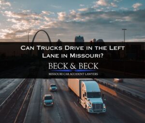 Semi-truck driving on a Missouri highway near St. Louis, illustrating left-lane truck driving laws for Beck & Beck Missouri Car Accident Lawyers.