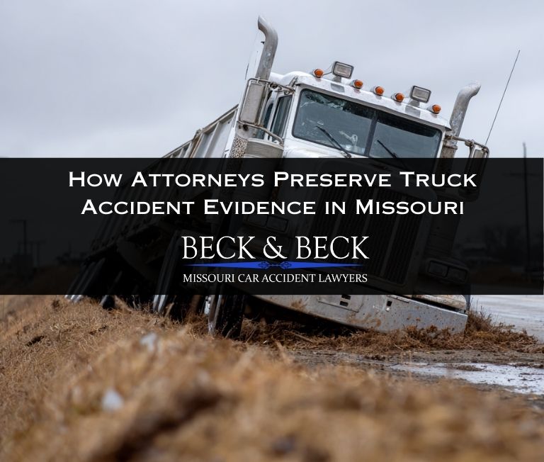 Semi-truck crashed off a rural Missouri road, representing a commercial truck accident case handled by Beck & Beck Missouri Car Accident Lawyers.