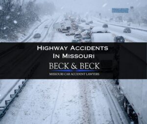 Multi-car pileup in winter on highway in Missouri illustrating an auto accident case handled by Beck & Beck Missouri Car Accident Lawyers