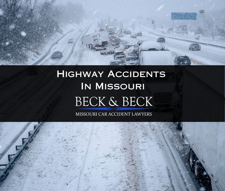 Multi-car pileup in winter on highway in Missouri illustrating an auto accident case handled by Beck & Beck Missouri Car Accident Lawyers