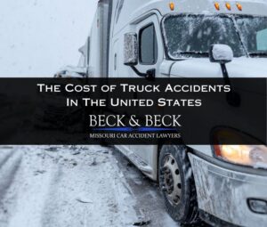 Semi-truck crash involving multiple vehicles in the winter on a highway in Missouri illustrating the economic impact of truck crashes in the United States.