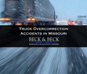 Speeding semi-truck spinning out of control in heavy traffic, winter on highway in Missouri