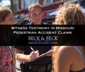 Police officer taking notes speaking with two bystanders who witnessed a pedestrian accident in St. Louis, Missouri