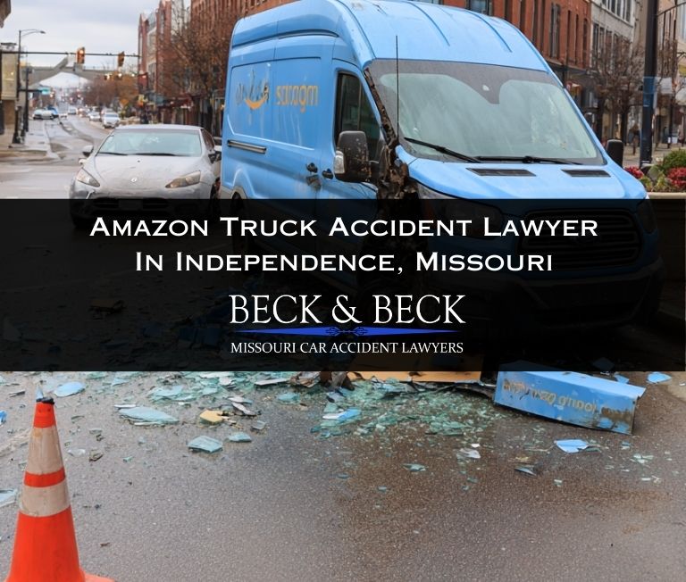 Blue amazon truck crash in an intersection in Independence, Missouri related to a case handled by Beck & Beck Missouri Car Accident Lawyers