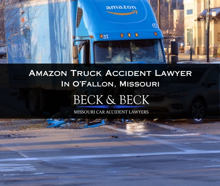 Blue amazon delivery truck crashed into another car at an intersection in O'Fallon, Missouri related to a case handled by Beck & Beck Missouri Car Accident Lawyers