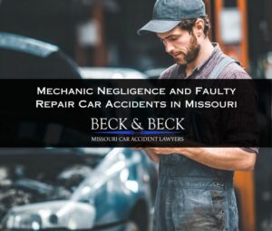 Young mechanic at a car dealer texting next to a car he is repairing in Missouri related to a case handled by Beck & Beck Missouri Car Accident Lawyers