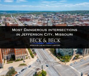 Aerial view of heavy traffic in the most dangerous intersection in Jefferson City, Missouri