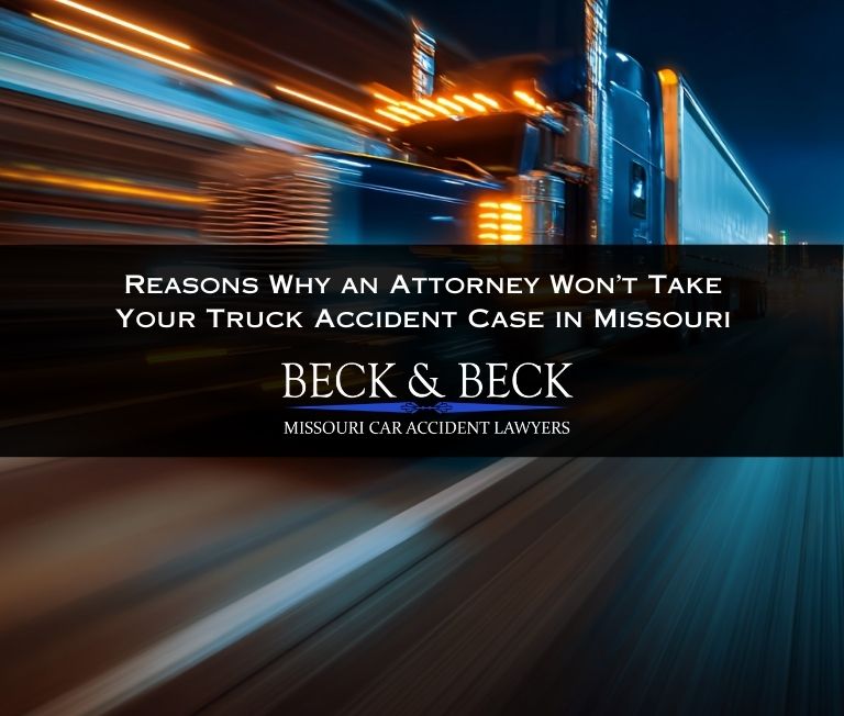 Close up of speeding semi-truck at night on highway in Missouri illustrating a case handled by Beck & Beck Missouri Car Accident Lawyers