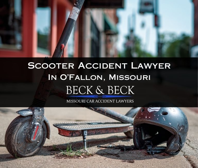Damaged scooter on a sidewalk in O'Fallon, Missouri related to a case handled by Beck & Beck Missouri Car Accident Lawyers