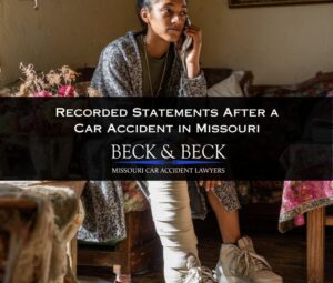 Young woman with a cast on her leg speaking with insurance agents after a car crash in Missouri