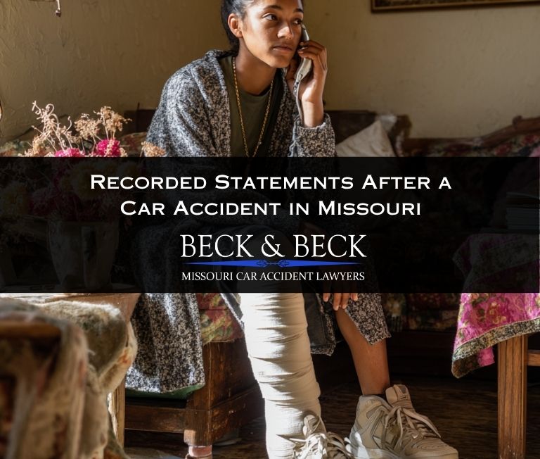 Young woman with a cast on her leg speaking with insurance agents after a car crash in Missouri
