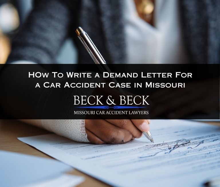 Woman with a car accident injury writing a settlement demand letter to the at-fault driver's insurance company in Missouri