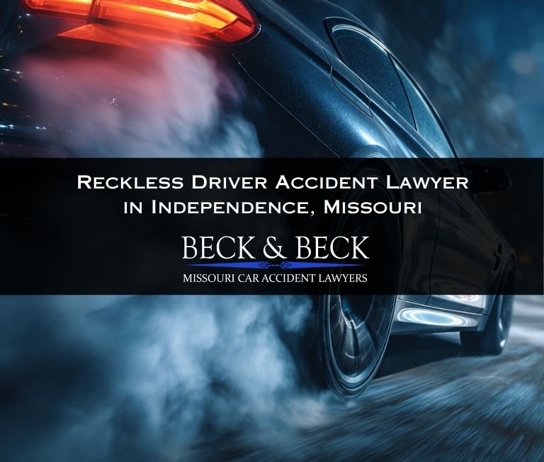 Speeding car with smoke coming from it's tires in Independence, Missouri related to a reckless driver accident claim handled by Beck & Beck Missouri Car Accident Lawyers
