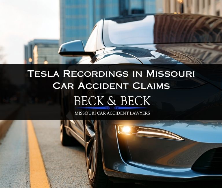Tesla car on the road in St Louis, Missouri illustrating the impact of Tesla recordings in Missouri car accident claims