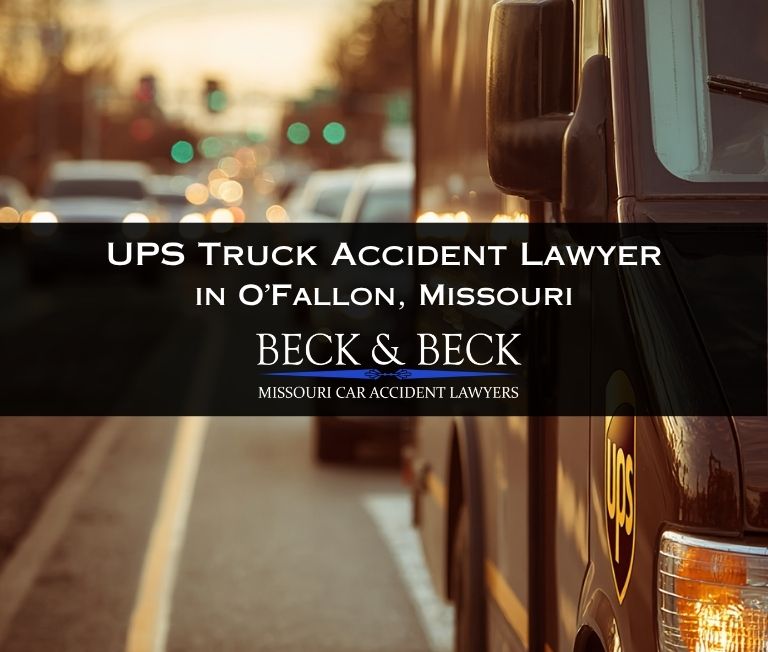 Brown UPS delivery van in heavy traffic in O'Fallon, Missouri
