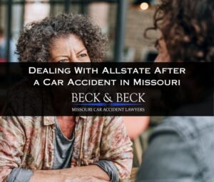 Middle aged woman speaking with an Allstate insurance adjuster after a car accident in St. Louis, Missouri
