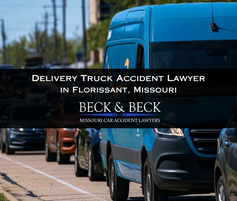 Blue Amazon delivery van in traffic in Florissant, Missouri related to a case handled by Beck & Beck Missouri Car Accident Lawyers