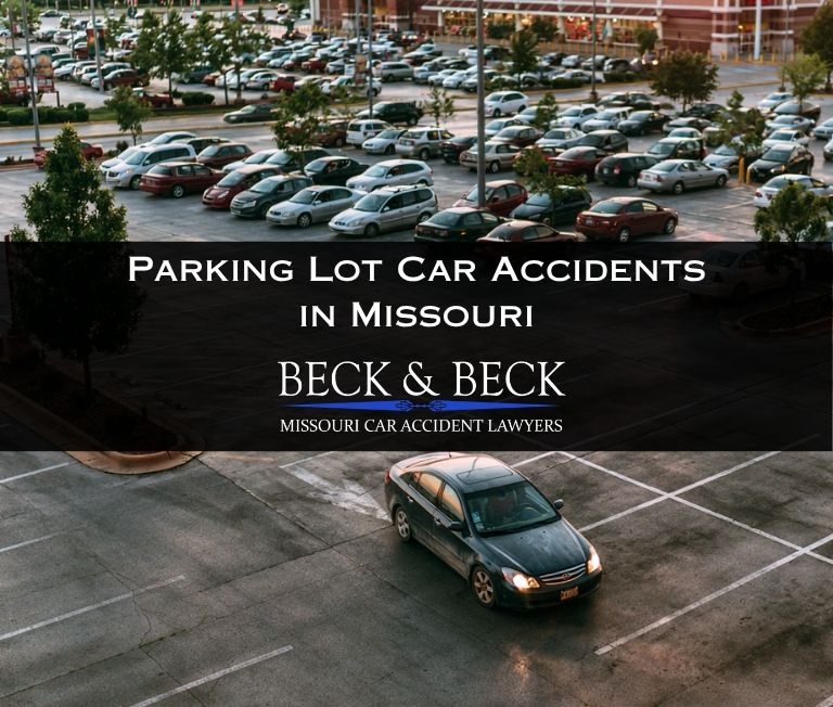 Car pulling out of a parking spot in a busy grocery store parking lot in Joplin, Missouri