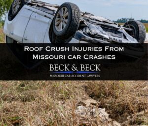 Car flipped upside down with crushed roof after hitting a highway median in Missouri