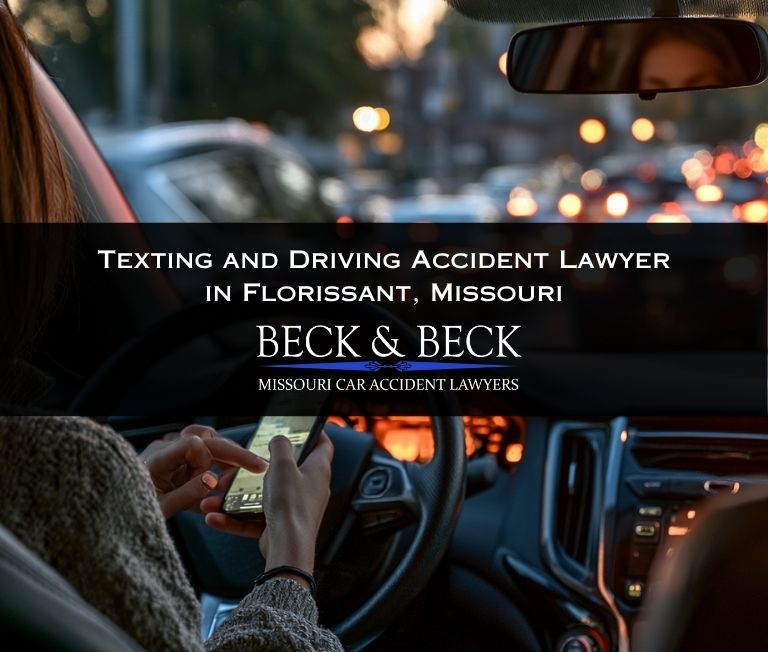 View from inside of a car of a woman driver texting and driving in heavy traffic in Florissant, Missouri