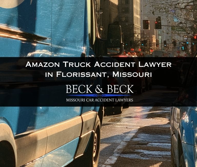 Blue Amazon delivery van in traffic in Florissant, Missouri