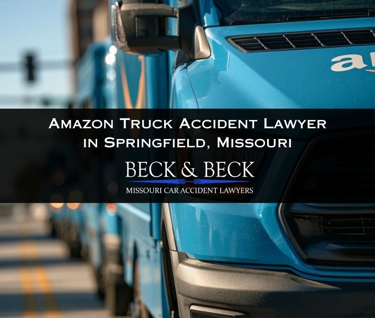 Blue Amazon delivery van in traffic in Springfield, Missouri related to a case handled by Beck & Beck Missouri Car Accident Lawyers