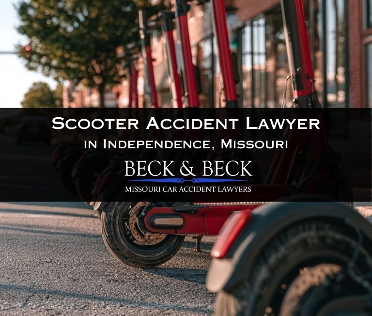 Row of electric scooters in downtown Independence, Missouri related to a case handled by Beck & Beck Missouri Car Accident Lawyers