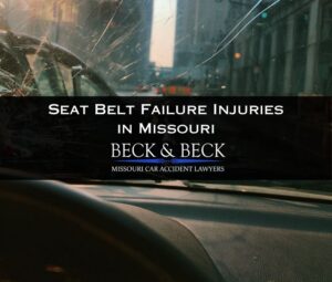 View from inside of a crashed car with cracked windshield after a seat belt failure in St. Louis, Missouri