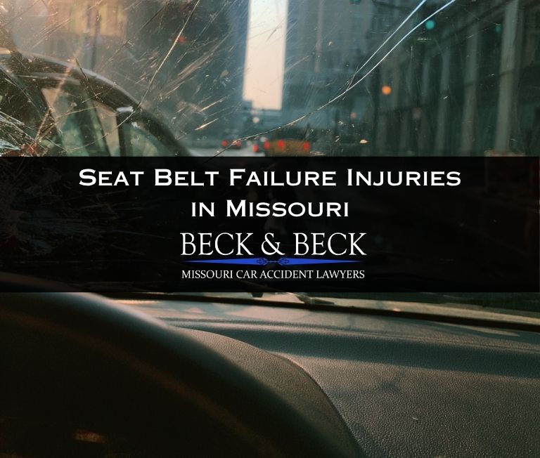 View from inside of a crashed car with cracked windshield after a seat belt failure in St. Louis, Missouri