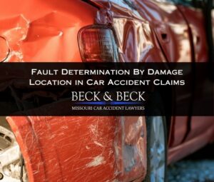 Car with major damage to rear passenger door and rear bumper after an accident in Missouri