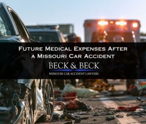 Car crash on a highway in Missouri, EMTs in background assisting injured victim on a gurney