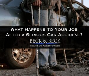 Man on crutches next to his car in St. Louis, Missouri wondering what happens to your job after a serious car accident